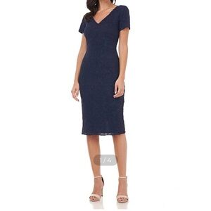 JS Collections Navy Lace V-Neck Midi Sheath Dress